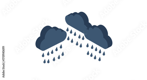 Isometric blue rainclouds with falling raindrops on white background