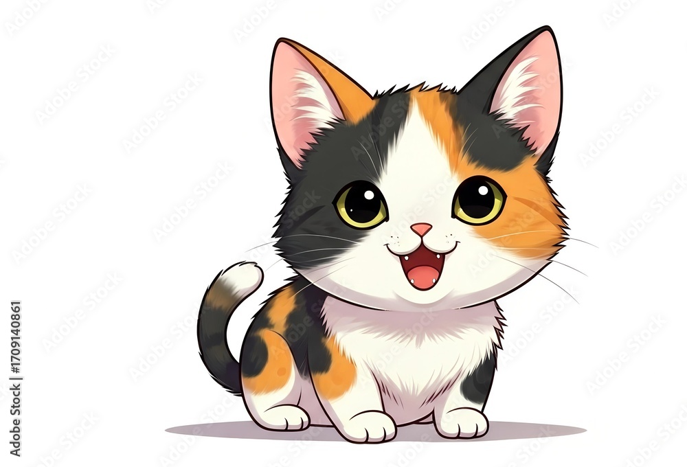 Obraz premium Adorable calico kitten with big eyes and open mouth, sitting playfully and looking happy