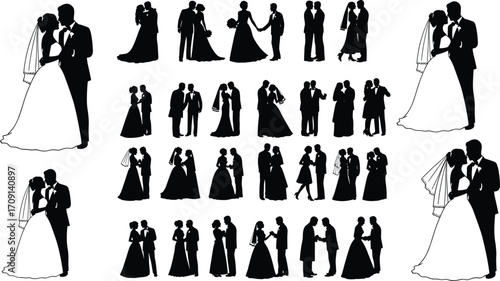 Elegant wedding silhouettes, bride and groom romantic poses, black and white wedding couple illustrations, marriage love icons, wedding day moments art, bridal dress and tuxedo vector images
