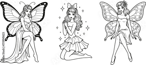 Fairy princess illustration, magical fantasy girl artwork, butterfly wings drawing, mystical woman design, enchanting character, fairytale art, whimsical mythical female figure