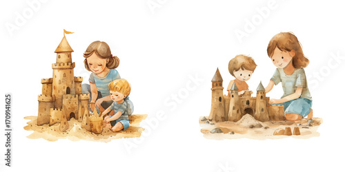 mom and kid build sand castle watercolor vector illustration