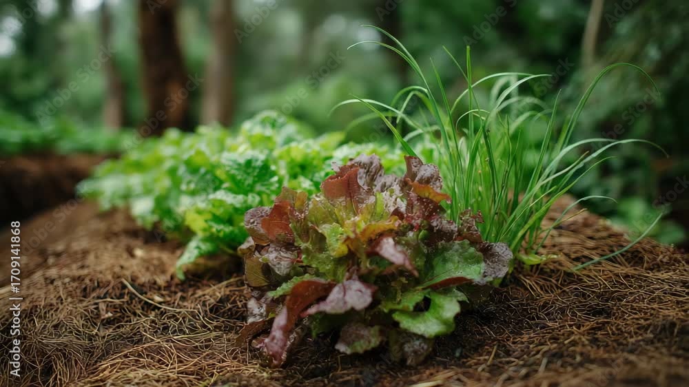 A bunch of lettuce is on the ground. The lettuce is green and red ...