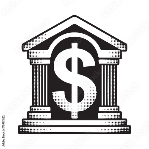 Vintage Halftone Illustration of a Classic Bank Building