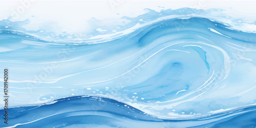 Abstract flowing ocean blue water wave and splash with clear bubbles