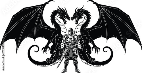 Epic fantasy illustration of a brave armored knight standing between two-headed dragon with wings, mythical medieval beast, warrior, and monster battle.