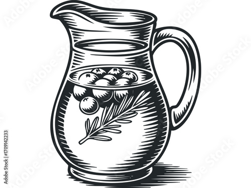 Pitcher with Berries and Herb. Vector hand drawn illustration