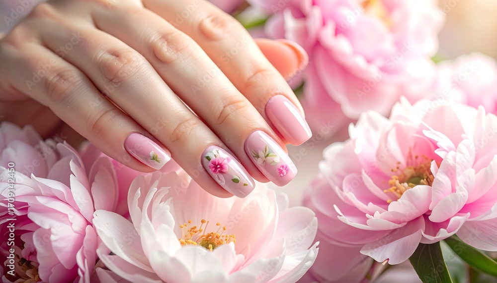 Fototapeta premium Delicate floral nail art design on manicured hands with peonies