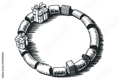 Circular frame with gift boxes and greenery on transparent background. Vector hand drawn illustration