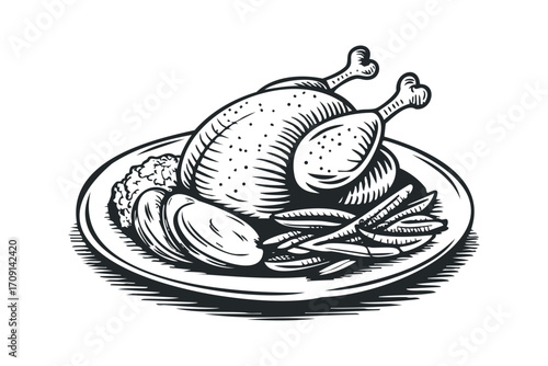 Line drawing of roasted chicken with potatoes and vegetables on a plate. Vector hand drawn illustration
