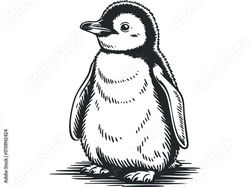 Penguin chick standing on transparent background. Vector hand drawn illustration