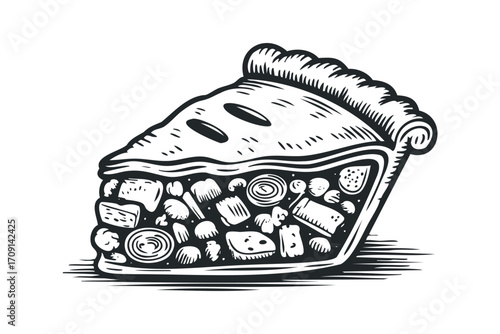 Hand Drawn Pie Slice with Assorted Ingredients. Vector hand drawn illustration