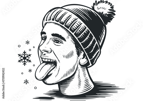 Head of a person in a beanie catching snowflakes on their tongue. Vector hand drawn illustration
