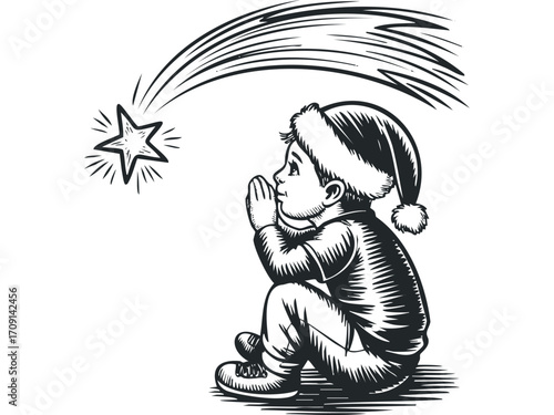 Boy in Santa Hat Gazing at Shooting Star. Vector hand drawn illustration