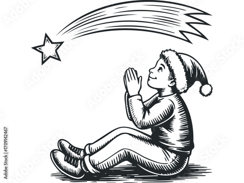 Child wearing Santa hat looking at shooting star with hopeful expression on transparent background. Vector hand drawn illustration