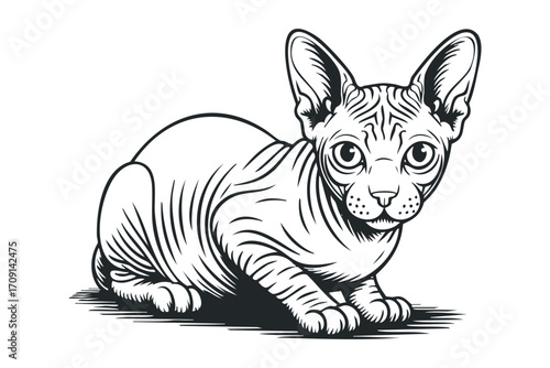 Sphynx Cat Outline on Transparent Background. Vector hand drawn illustration
