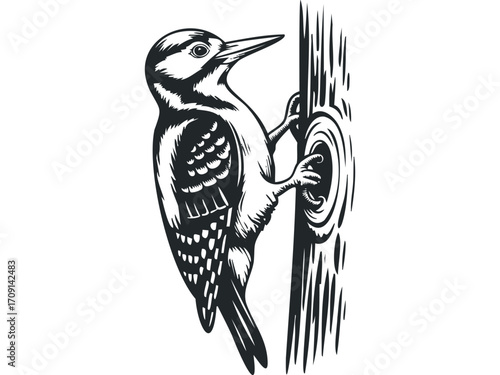 Woodpecker on Tree Trunk Transparent Background. Vector hand drawn illustration