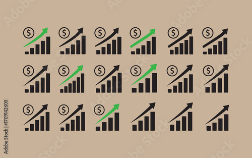 Multiple upward trend bar graphs with dollar signs indicating financial growth