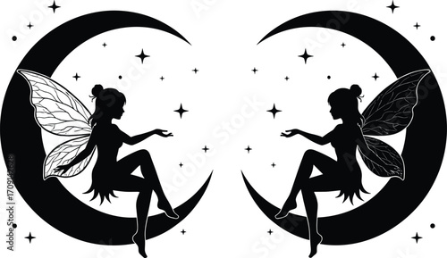 Fairy silhouette, moon scene, night stars, magical wings, fantasy art, celestial fairy, mystical design, moon fairy illustration, dreamy sky