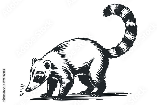 Coati with Ringed Tail Sniffing on Transparent. Vector hand drawn illustration