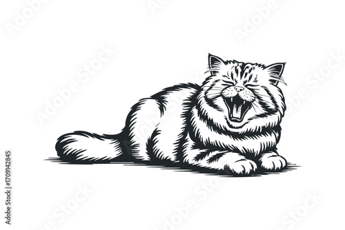 Fluffy cat yawning wide on transparent background. Vector hand drawn illustration