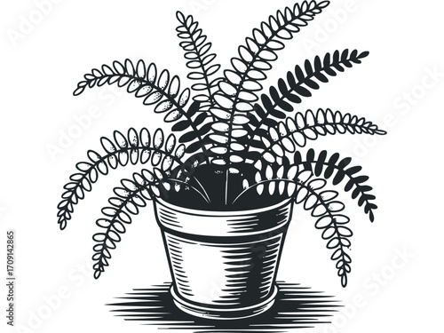 Potted fern plant graphic with detailed leaves and pot on white. Vector hand drawn illustration