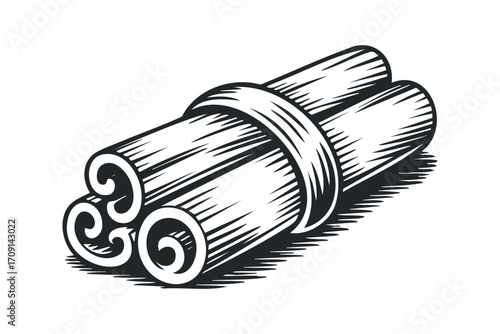Woodcut style drawing of three cinnamon sticks tied together with a band. Vector hand drawn illustration