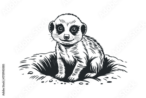 Cute Meerkat Emerging from Burrow. Vector hand drawn illustration