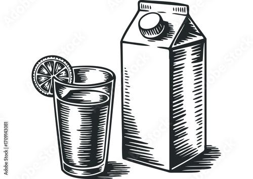 Glass of juice with citrus slice and carton on transparent background. Vector hand drawn illustration