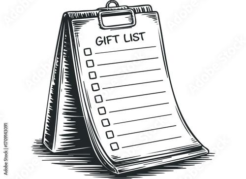 Hand drawn clipboard with gift list and checkboxes. Vector hand drawn illustration