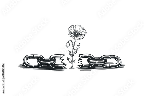 Broken chain with poppy flower growing through transparent. Vector hand drawn illustration