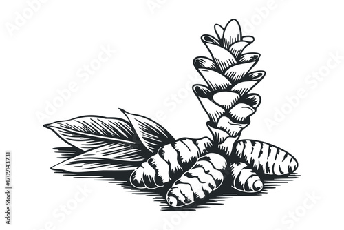 Ginger rhizomes and leaves, line art. Vector hand drawn illustration