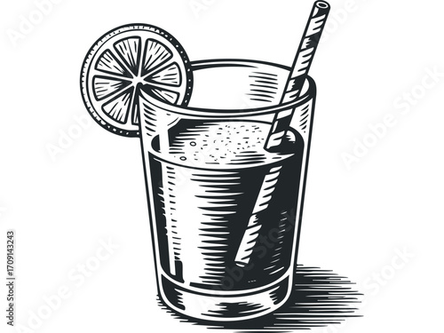 Black and White Sketch of a Refreshing Juice Drink with Lemon Slice and Straw. Vector hand drawn illustration