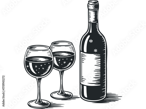 Vintage wine bottle and two glasses of red wine. Vector hand drawn illustration