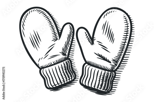 Sketch style pair of warm knitted winter mittens on transparent. Vector hand drawn illustration