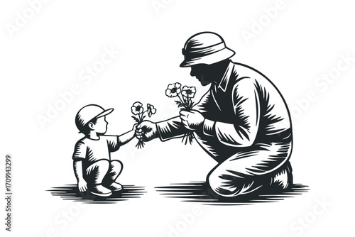 Man gives flowers to child on white. Vector hand drawn illustration