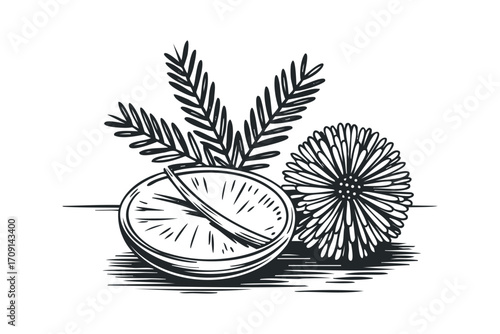 Hand Drawn Sundial and Flower on Transparent Background. Vector hand drawn illustration