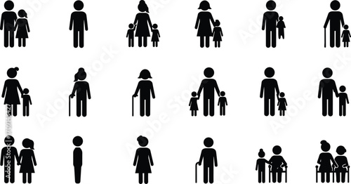 Family generations icon set, parents children grandparents pictogram, family relationships illustration, black silhouette people, lifestyle symbols, family care concept design.