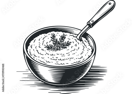 Bowl of mashed potatoes with spoon and parsley garnish. Vector hand drawn illustration