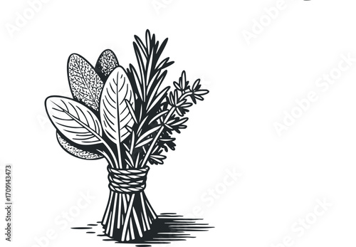Black and white graphic of fresh herbs tied with twine on transparent background. Vector hand drawn illustration