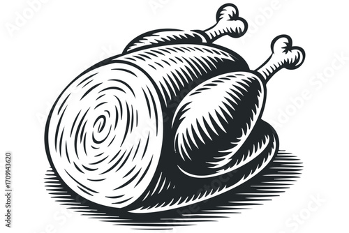 Stylized Roasted Chicken with Legs and Wings Transparent. Vector hand drawn illustration