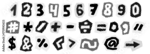 Wallpaper Mural Black halftone numbers and signs. Retro pixelated punctuation marks and characters. Comic pop art style symbols. Grunge rasterized dotted pack. Aged bitmap newspapers typography set. Vector Torontodigital.ca
