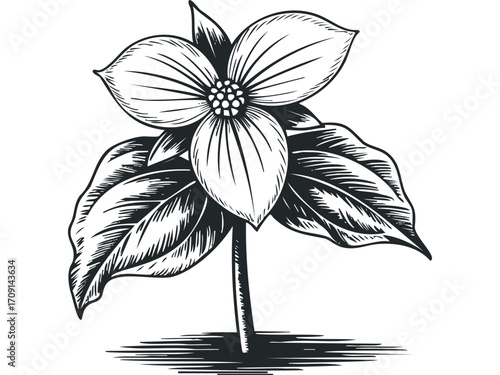 Engraved Black and White Trillium Flower. Vector hand drawn illustration