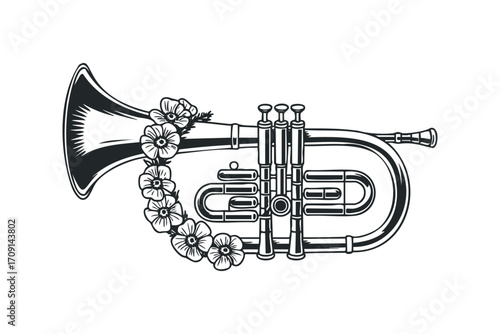Ornate trumpet adorned with delicate floral garland on transparent. Vector hand drawn illustration