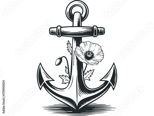 Nautical Anchor with Poppy Flower and Bud on Transparent. Vector hand drawn illustration