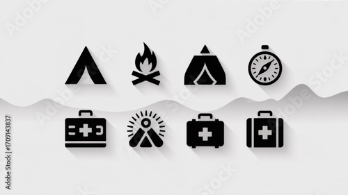 Camping adventure icons set tent campfire compass first aid kit travel outdoor nature survival equipment vector art