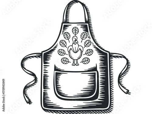 Woodcut Style Thanksgiving Turkey and Leaf Apron. Vector hand drawn illustration