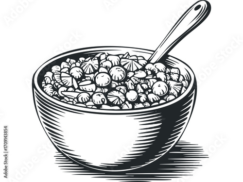 Bowl of mixed cereal with spoon transparent. Vector hand drawn illustration