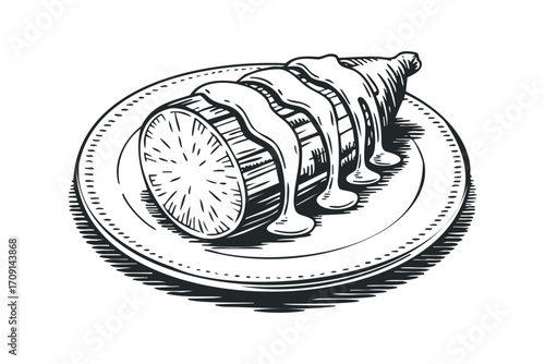Food drawing of sliced banana on plate with sauce. Vector hand drawn illustration