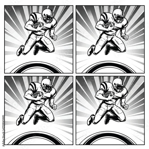 Dynamic black and white comic-style illustration of an American football player running with the ball in four panels.