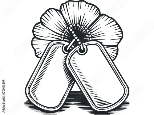 Poppy flower with military dog tags on white. Vector hand drawn illustration